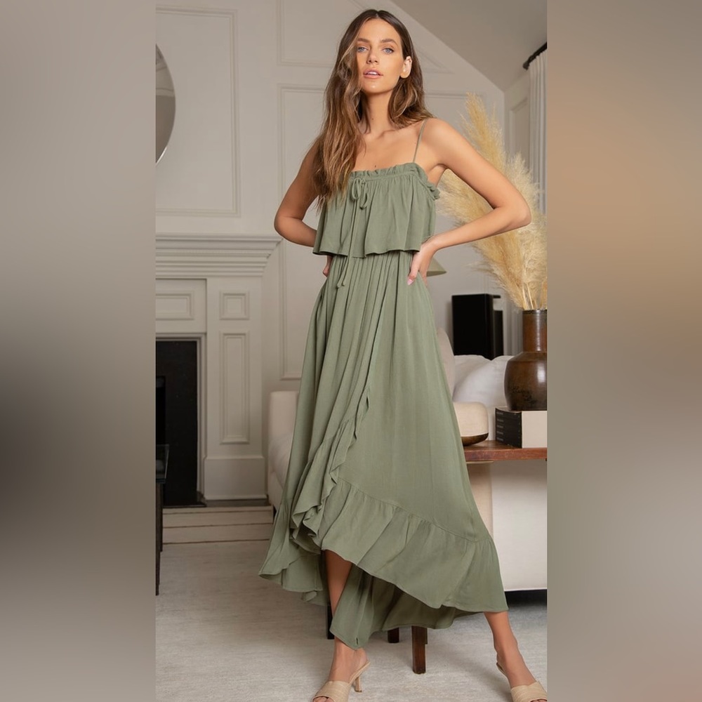 NWT- Sincerely Yours Olive Green Ruffled Midi Dress